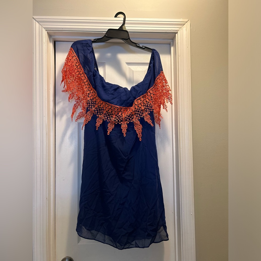Blue Dress with Orange Lace Detail
